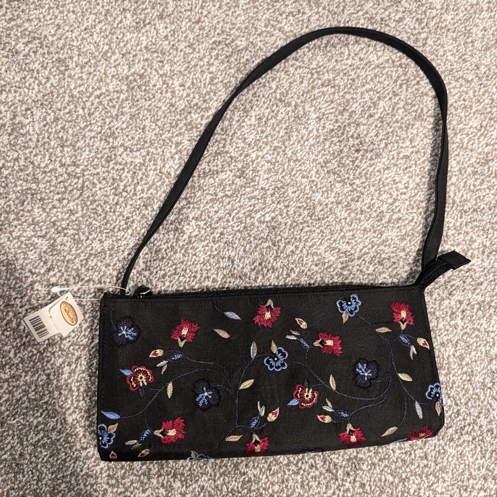 Vintage Embroidered Black Floral Shoulder Bag Talbots